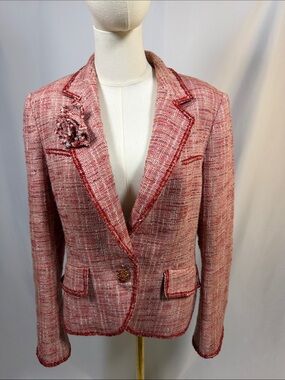 NWOT Anne Klein Pink Tweed Blazer with Contrast Trim and flower accent